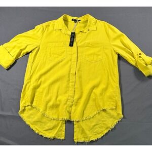 Velvet Heart Citron Yellow Linen Blend Frayed Hem Roll Tab Shirt 2U1-2931F M
